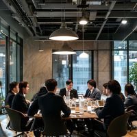 日本企业会议室内团队围坐讨论，体现日本职场伦理中集体决策与稟議制度的实际运作场景