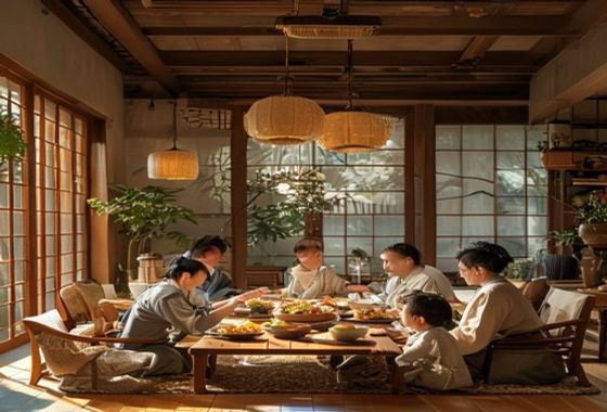 日本传统家庭在榻榻米客厅共进晚餐，三代同堂的温馨场景体现日本家庭伦理中的代际关系与孝道传统