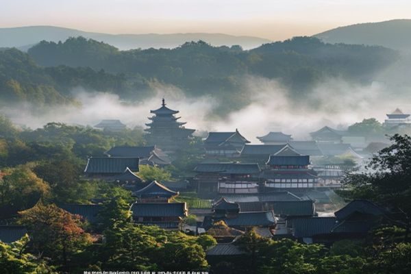 日本传统神社建筑群在晨雾中的全景，展现神道教对日本伦理文化的深远影响，画面静谧庄重、充满历史感
