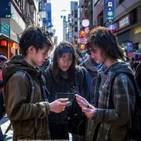 日本街头年轻人使用智能手机，折射数字时代对传统日本伦理耻感文化机制的冲击与现代演变